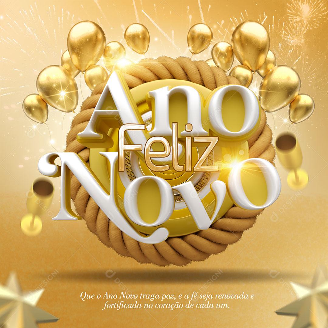 Ano Feliz Novo Selo 3D Dourado Luminiso Para Composição PSD Editável