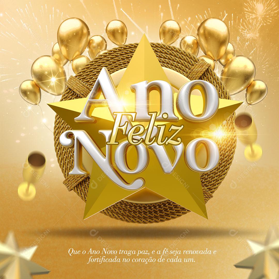 Ano Feliz Novo Selo 3D Dourado Luminiso Para Composição PSD Editável