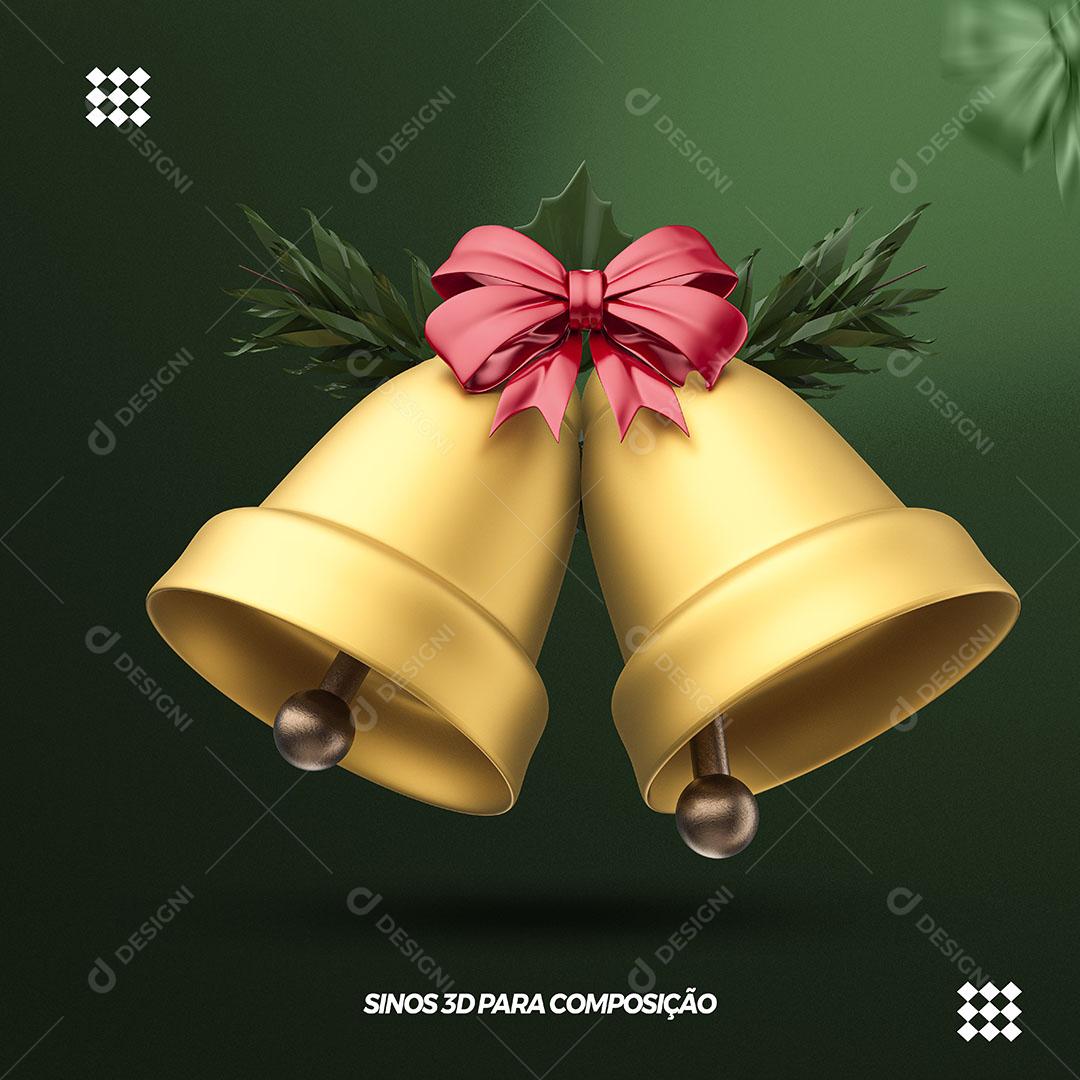 Sinos Natalino com Enfeite Vermelho Elemento 3D Para Composição PSD