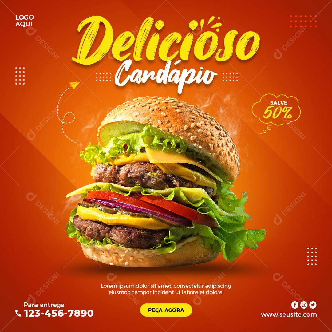 Social Media Hamburgueria Cardápio Delicioso 50% De Desconto PSD Editável