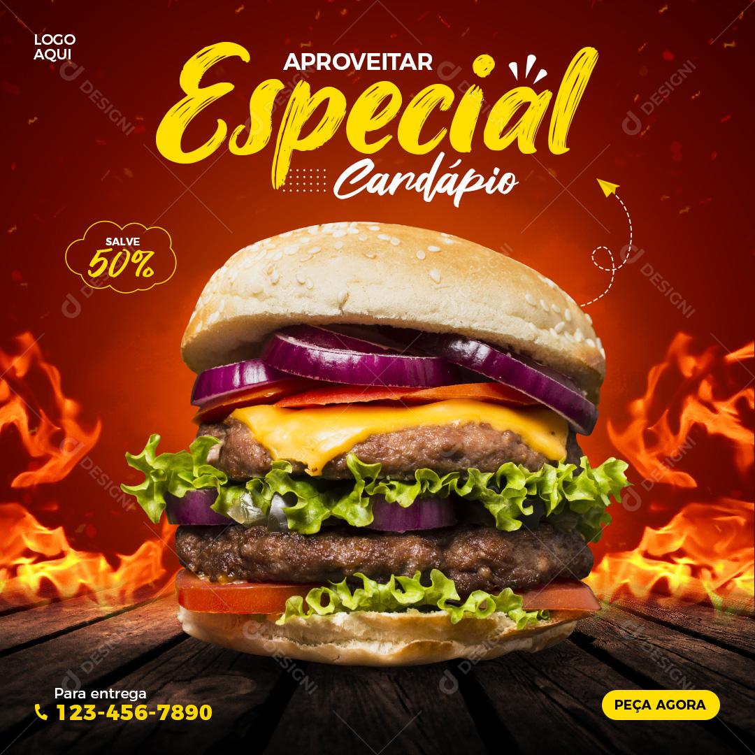 Social Media Hamburgueria Cardápio Especial Aproveitar PSD Editável