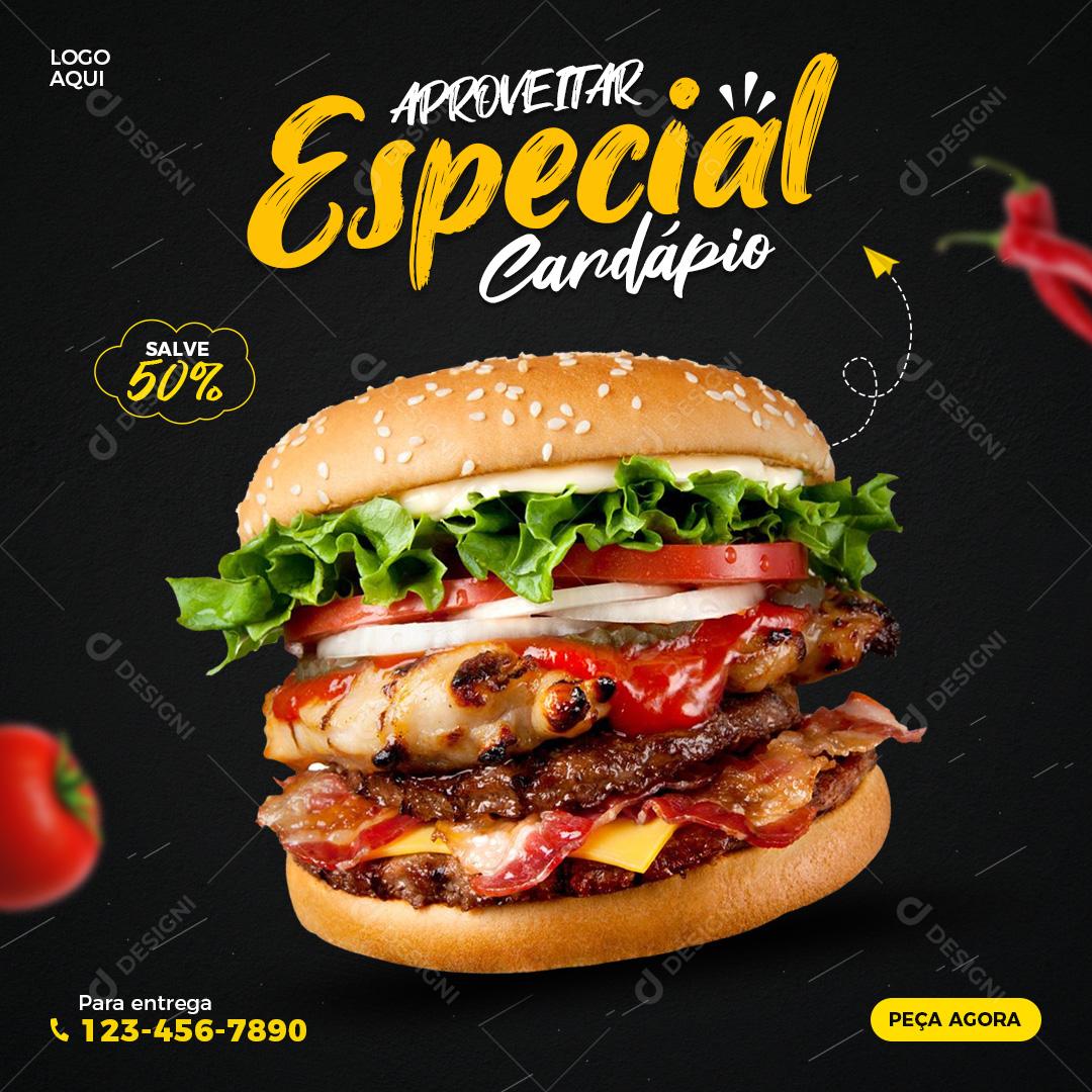 Social Media Hamburgueria Aproveitar Cardápio Especial PSD Editável
