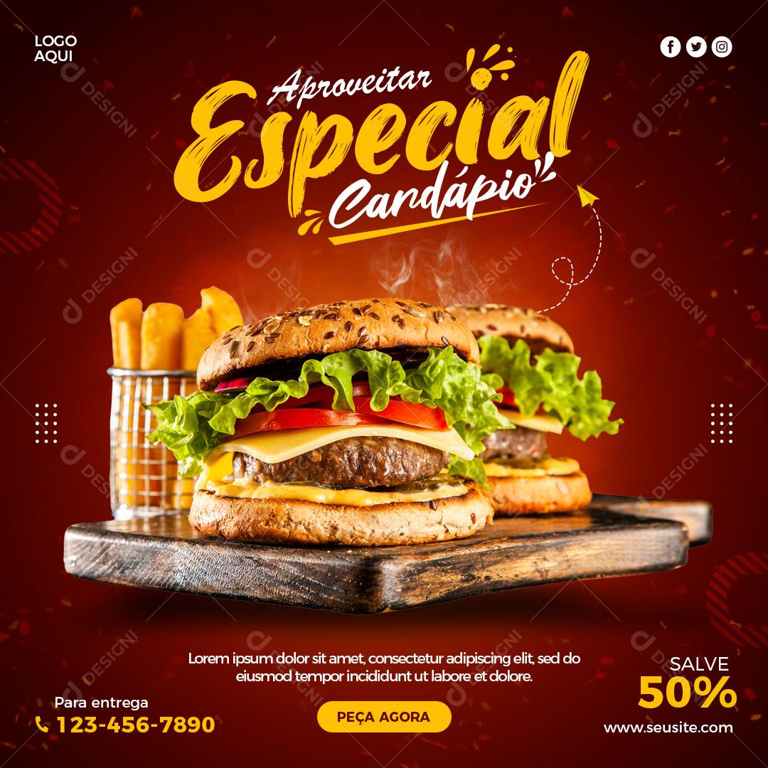 Social Media Hamburgueria Aproveitar Cardápio Especial PSD Editável