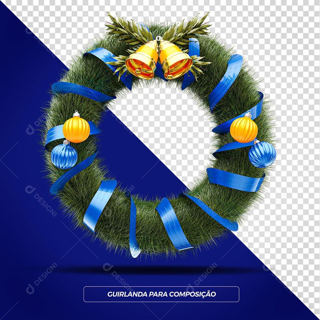 Guirlanda Natalina Elemento 3D Com Fitas Azul Para Composição PSD