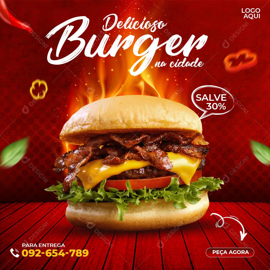 Social Media Hamburgueria Delicioso Burgue Na Cidade 30% PSD Editável