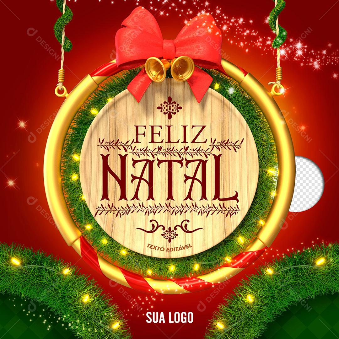 Elemento 3D Natalino Circular Dourado Feliz Natal Para Composição PSD Editável