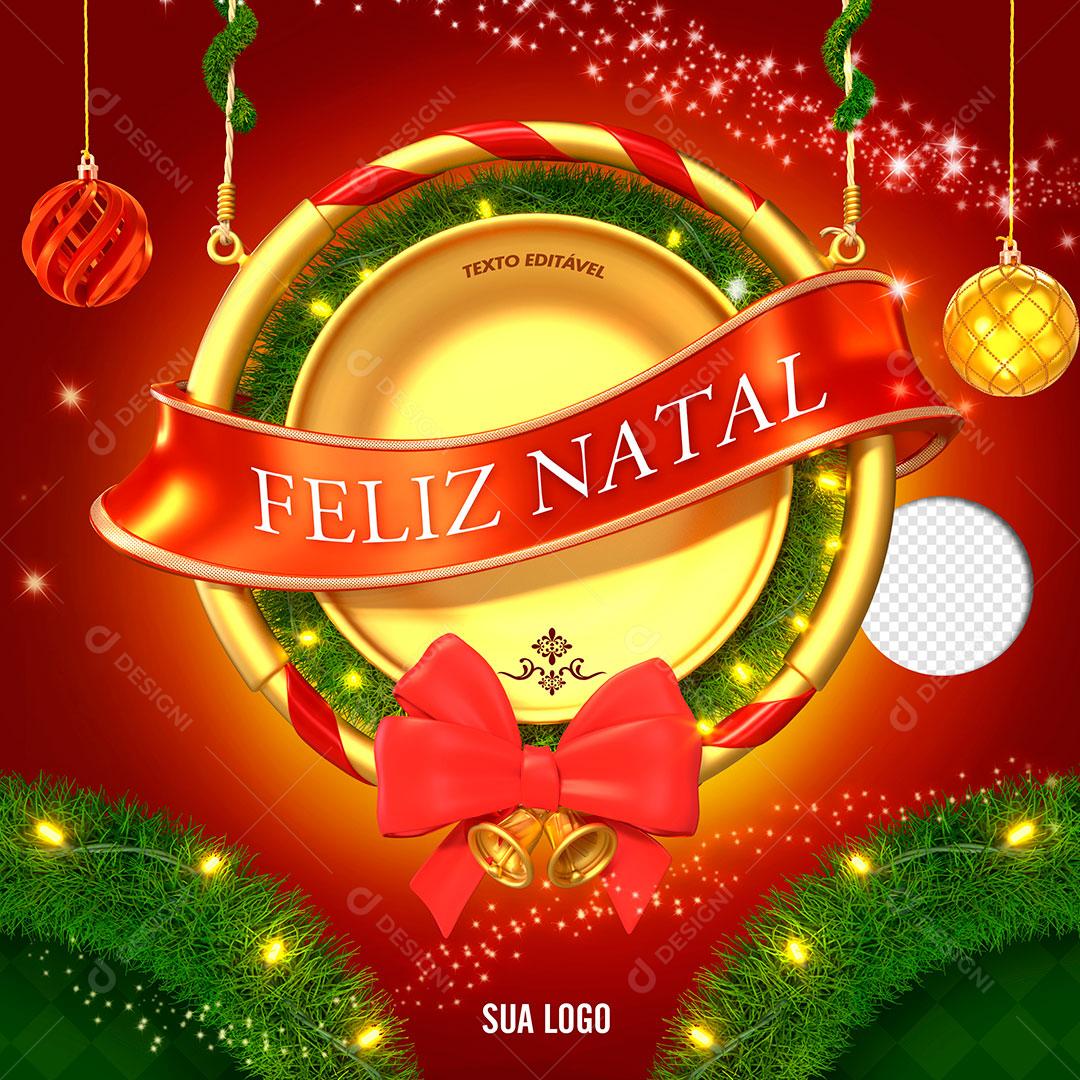 Elemento 3D Natalino Circular Dourado Feliz Natal Para Composição PSD Editável