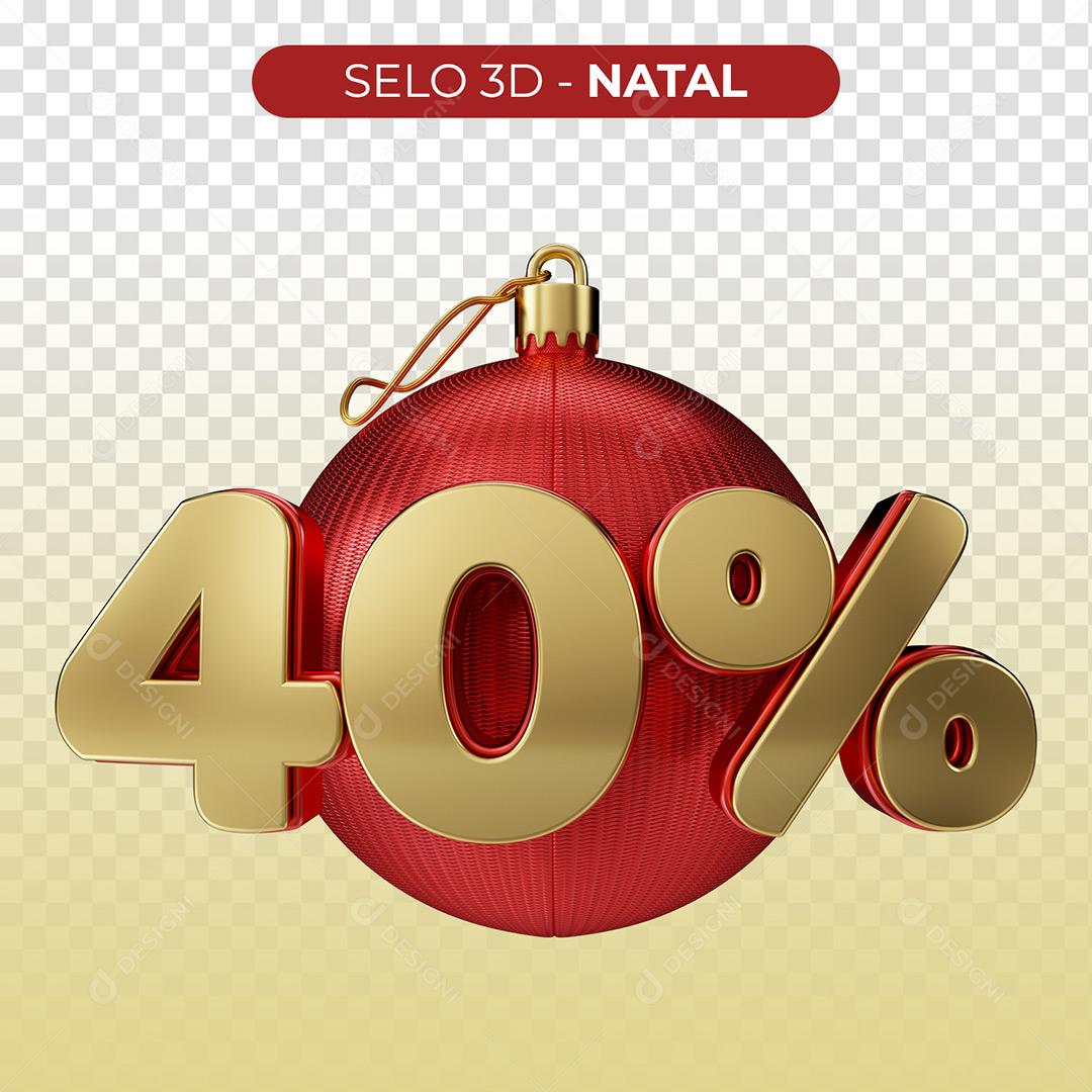 Selo 3D 40% Natal Porcentagem Para Composição PNG Transparente