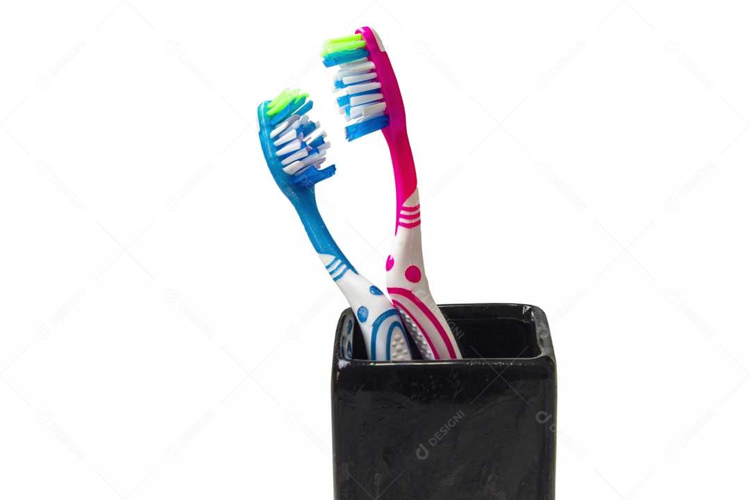 Duas Escovas Dental Azul Rosa Recipiente Preto Imagem JPG