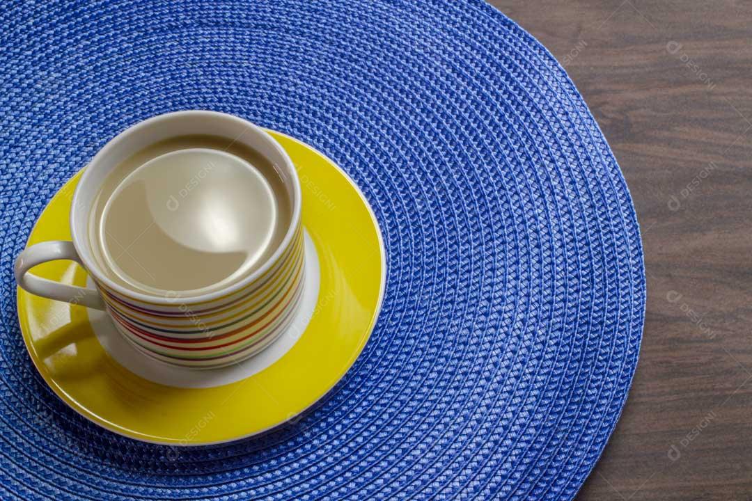 Xícara Pires Café Leite Fundo Azul Imagem JPG
