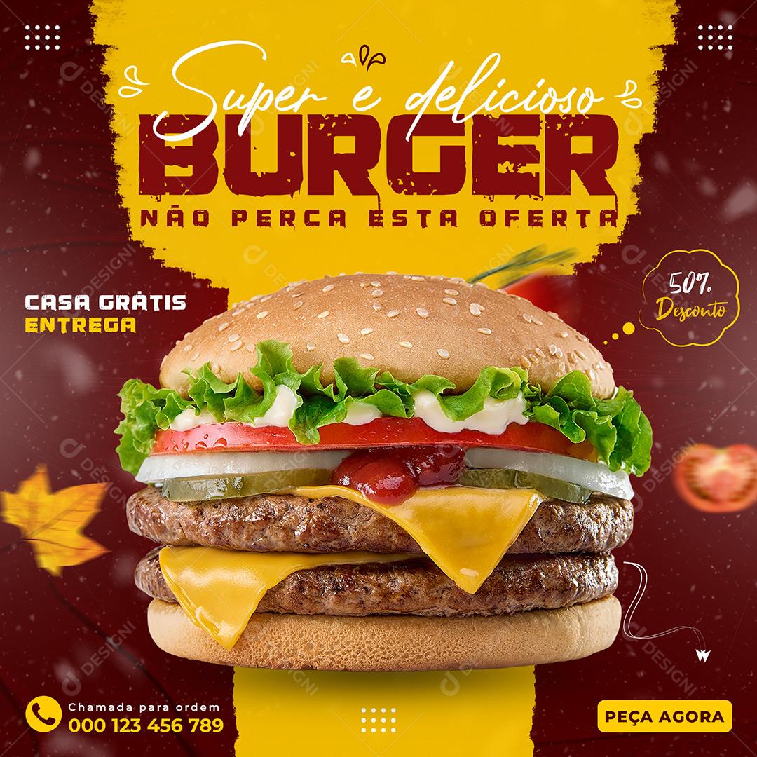 Hamburgueria Super E Delicioso Burger 50% Desconto Social Media PSD Editável