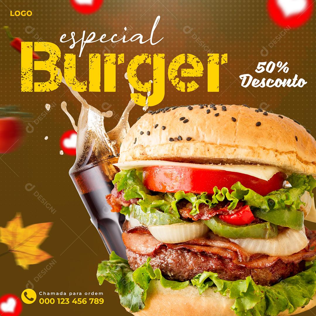 Social Media Especial Burger 50% Desconto Hamburgueria PSD Editável
