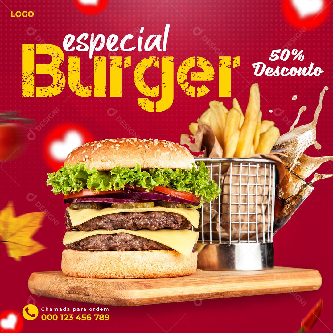 Social Media Hamburgueria Especial Burger Desconto 50% PSD Editável