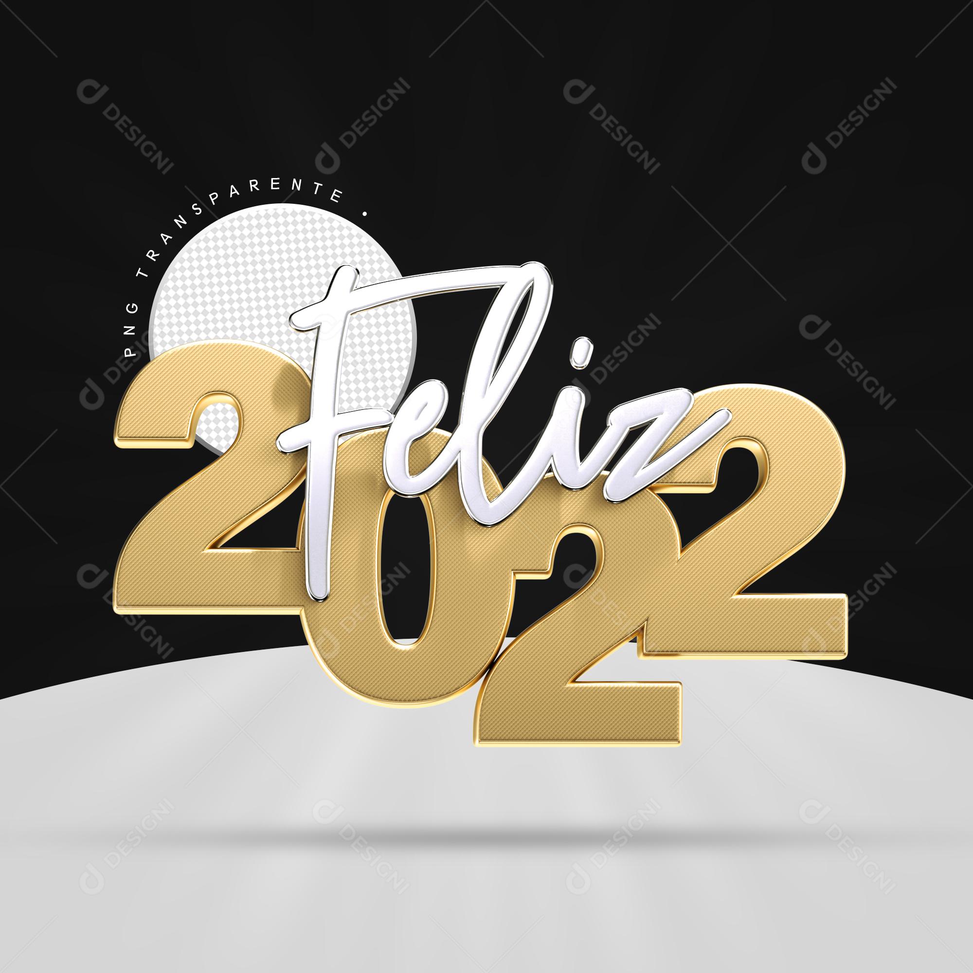 Selo 3D para Composição Feliz 2022 Dourado PSD Editável