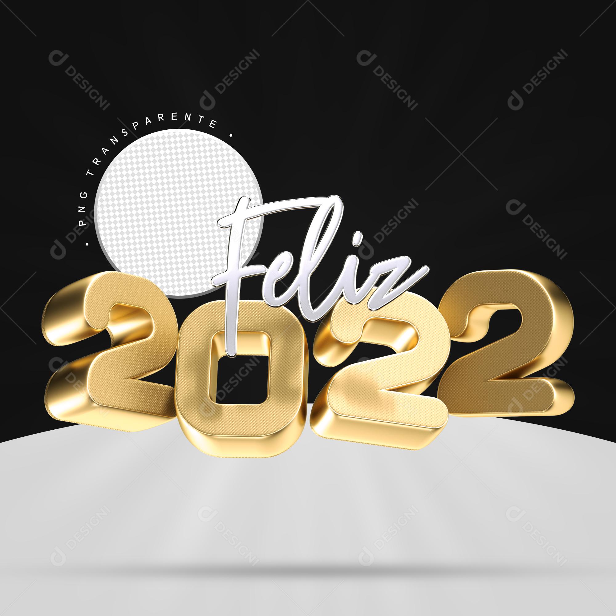 Selo 3D para Composição Feliz 2022 Dourado PSD Editável