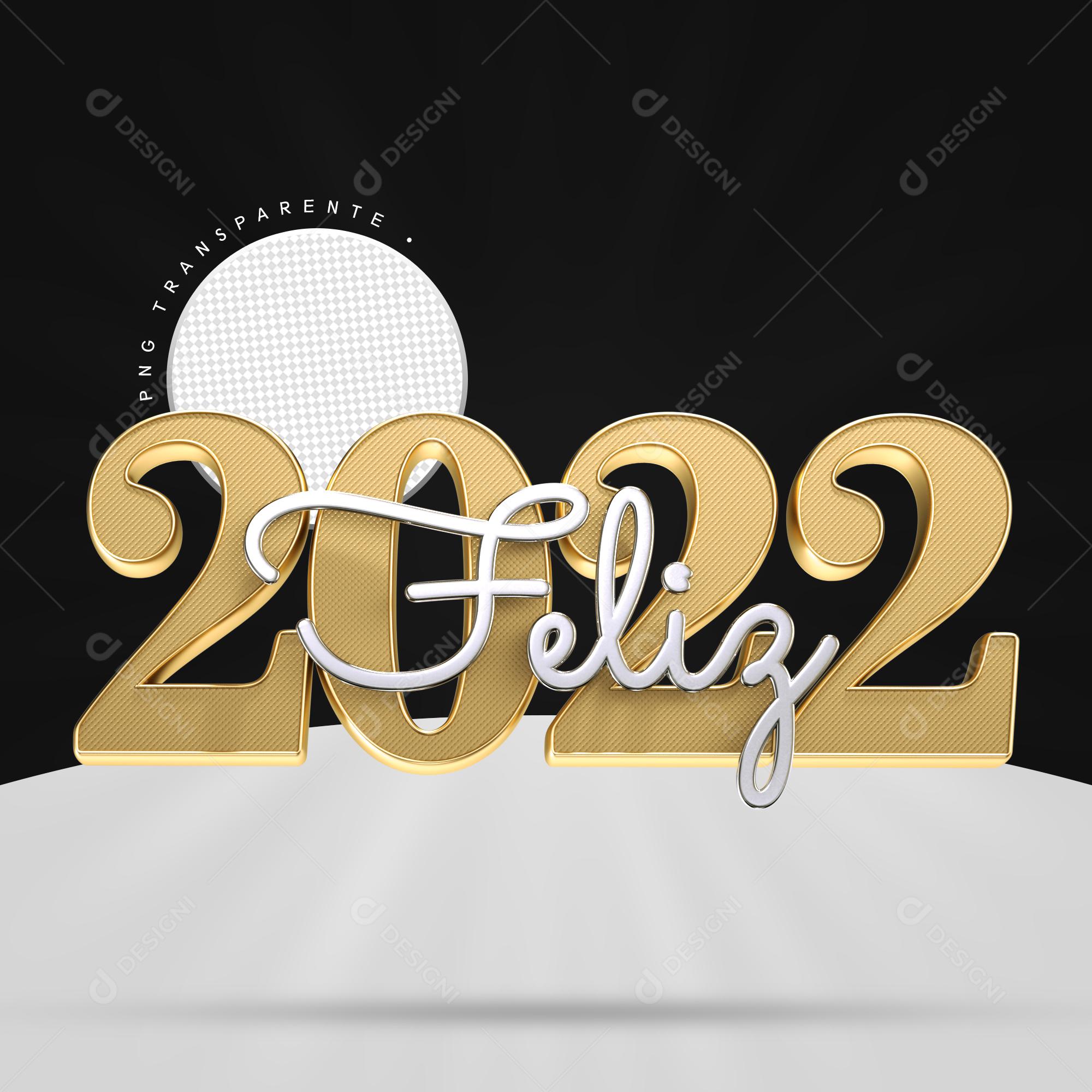 Selo 3D para Composição Feliz 2022 Dourado PSD Editável