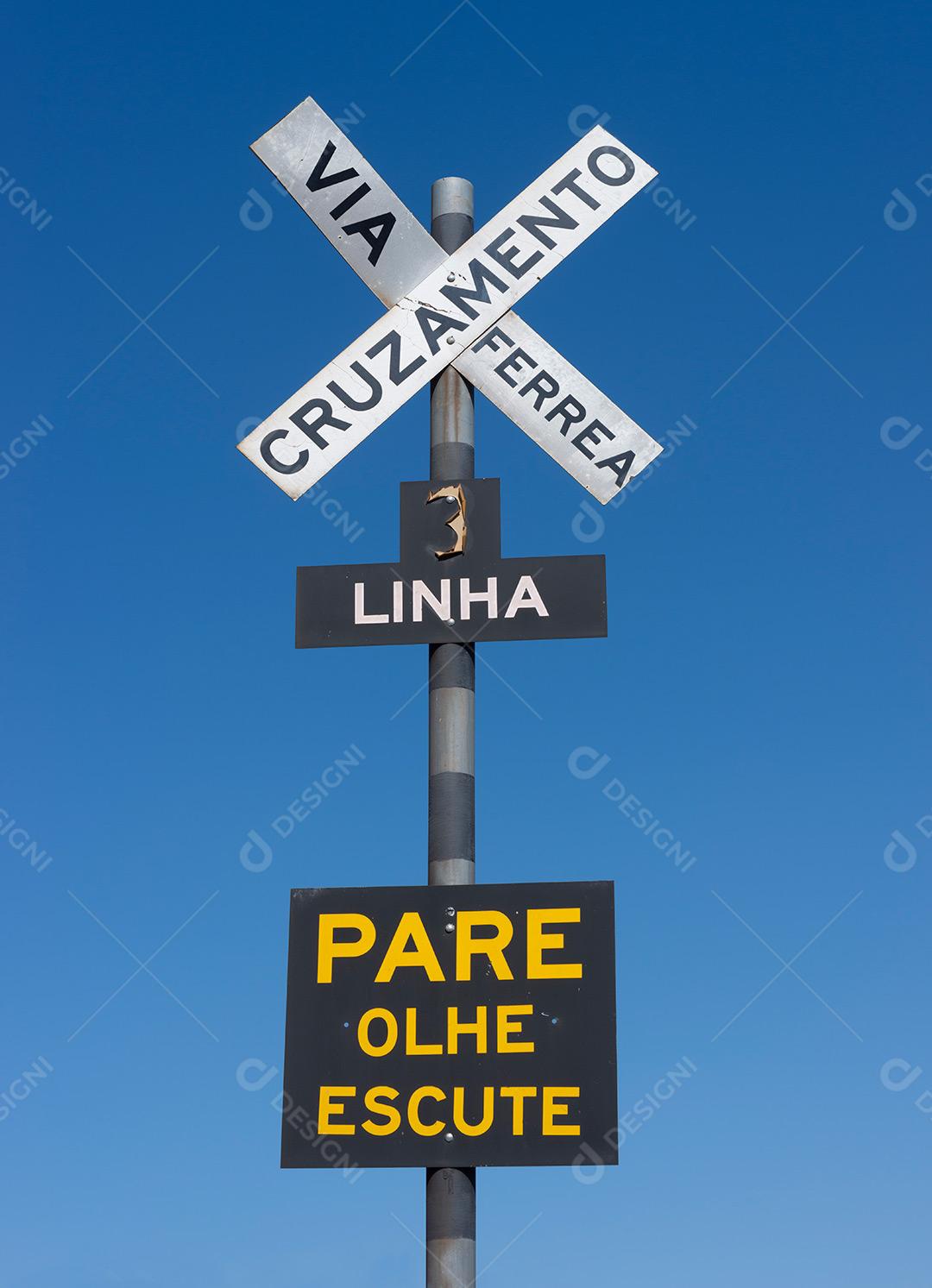 Placa Cruzamento Linha Pare Olhe Escute Imagem JPG