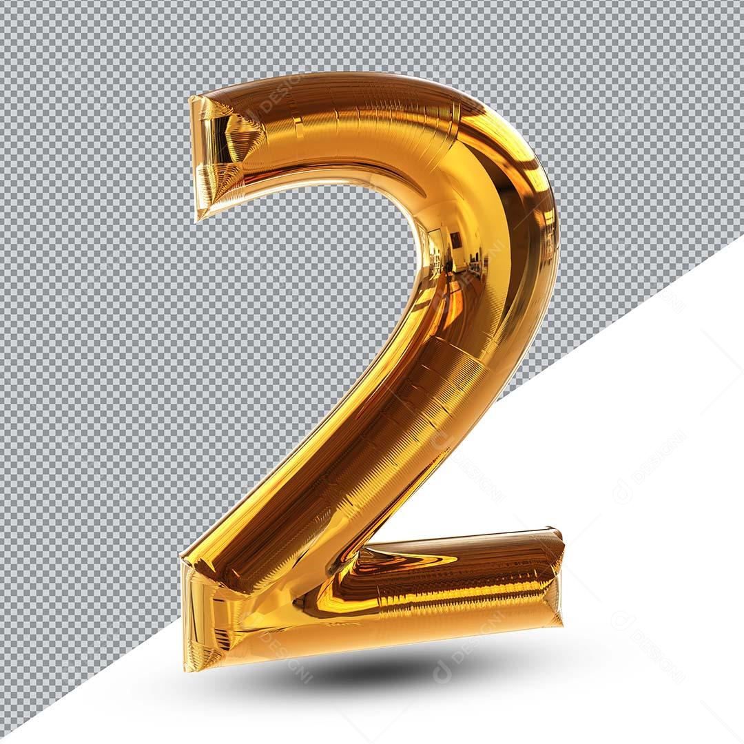 Número 2 Balão Dourado Elemento 3D Para Composição PNG Transparente