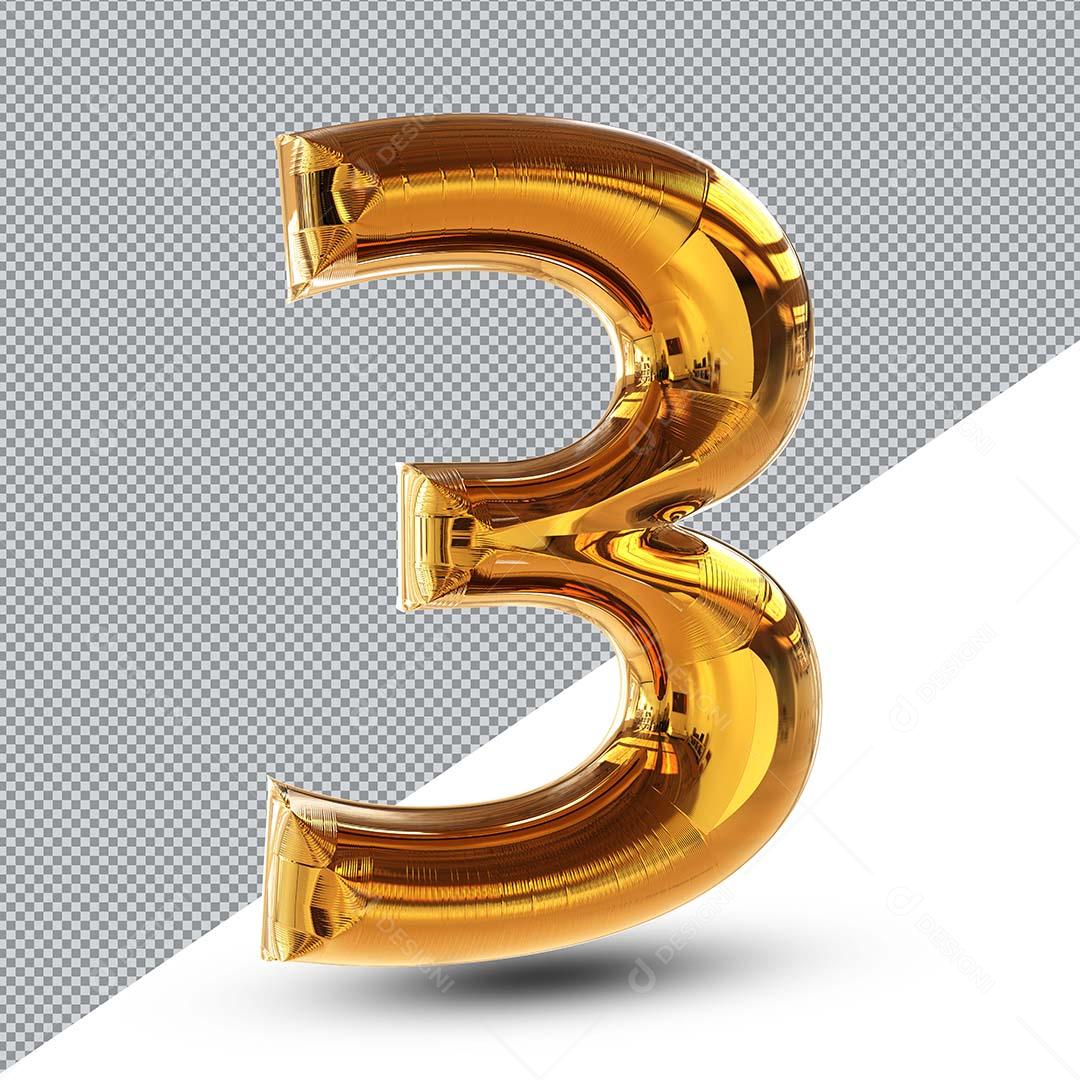 Number 3 Golden Balloon 3D Element For Composition PNG Transparent