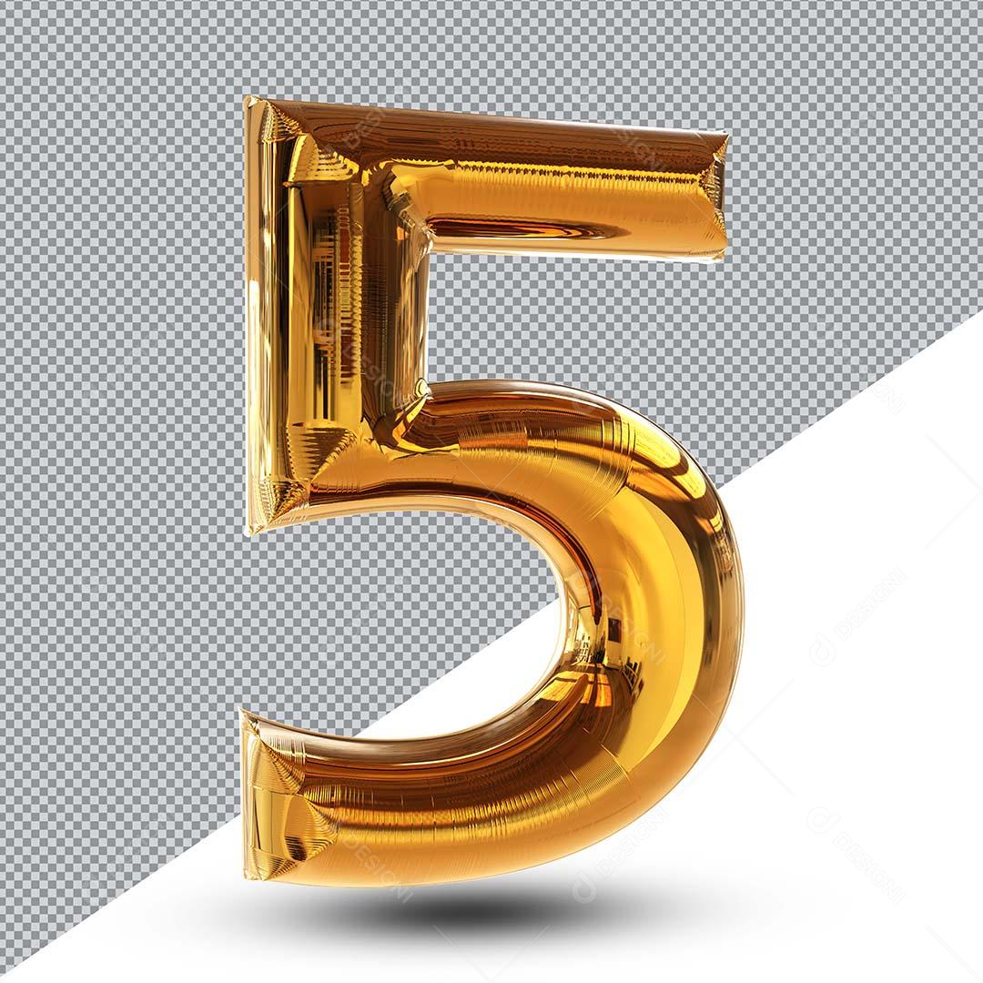 Número 5 Balão Dourado Elemento 3D Para Composição PNG Transparente