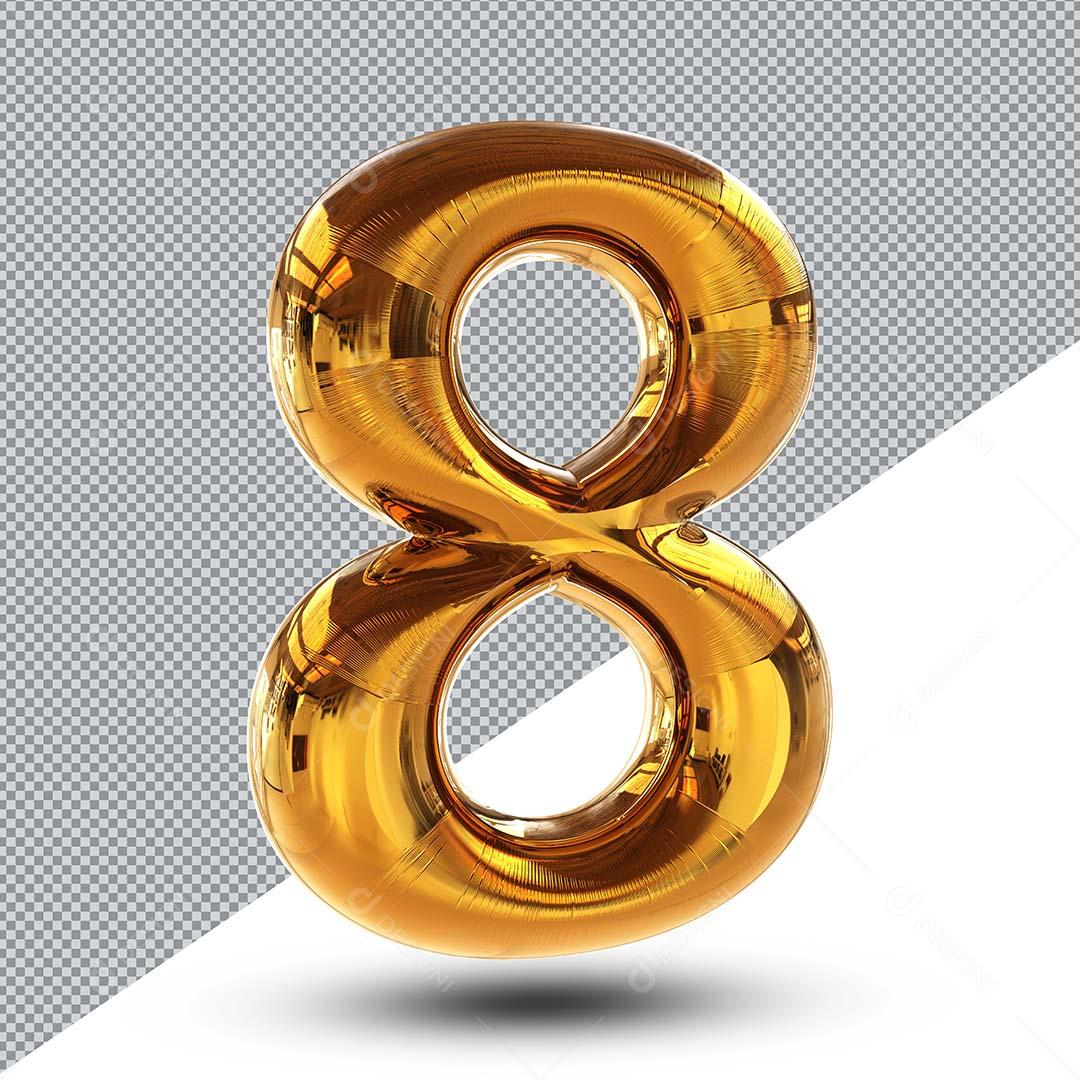 Número 8 Balão Dourado Elemento 3D Para Composição PNG Transparente