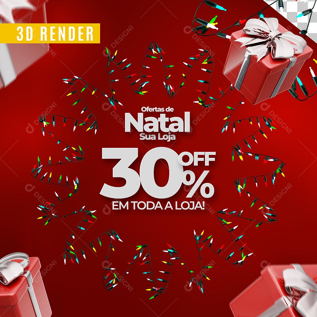 Selo 3D Ofertas De Natal 30% Off  Para Composição PSD Editável