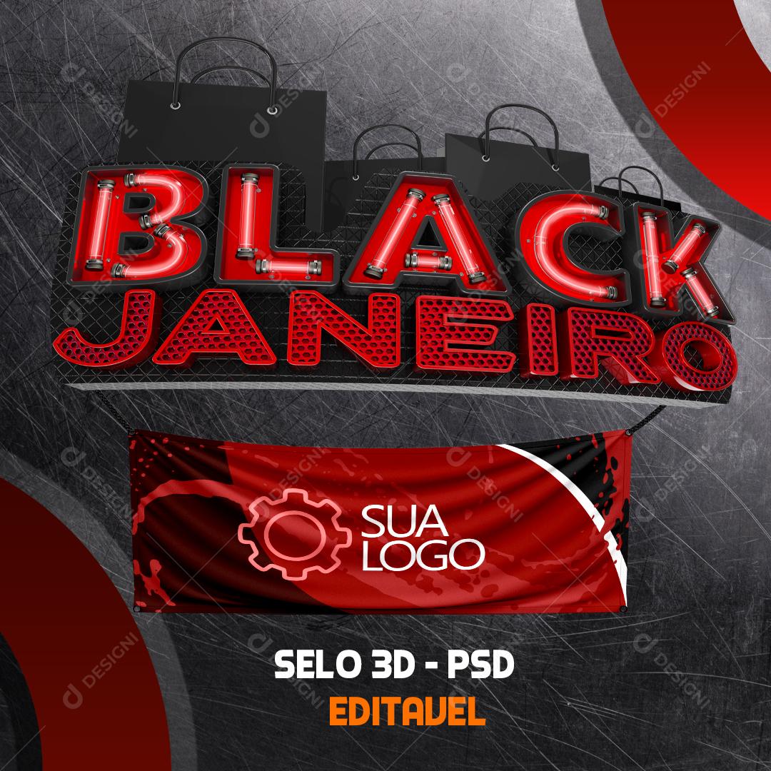 Selo 3D Para Composição Black Janeiro PSD Editável