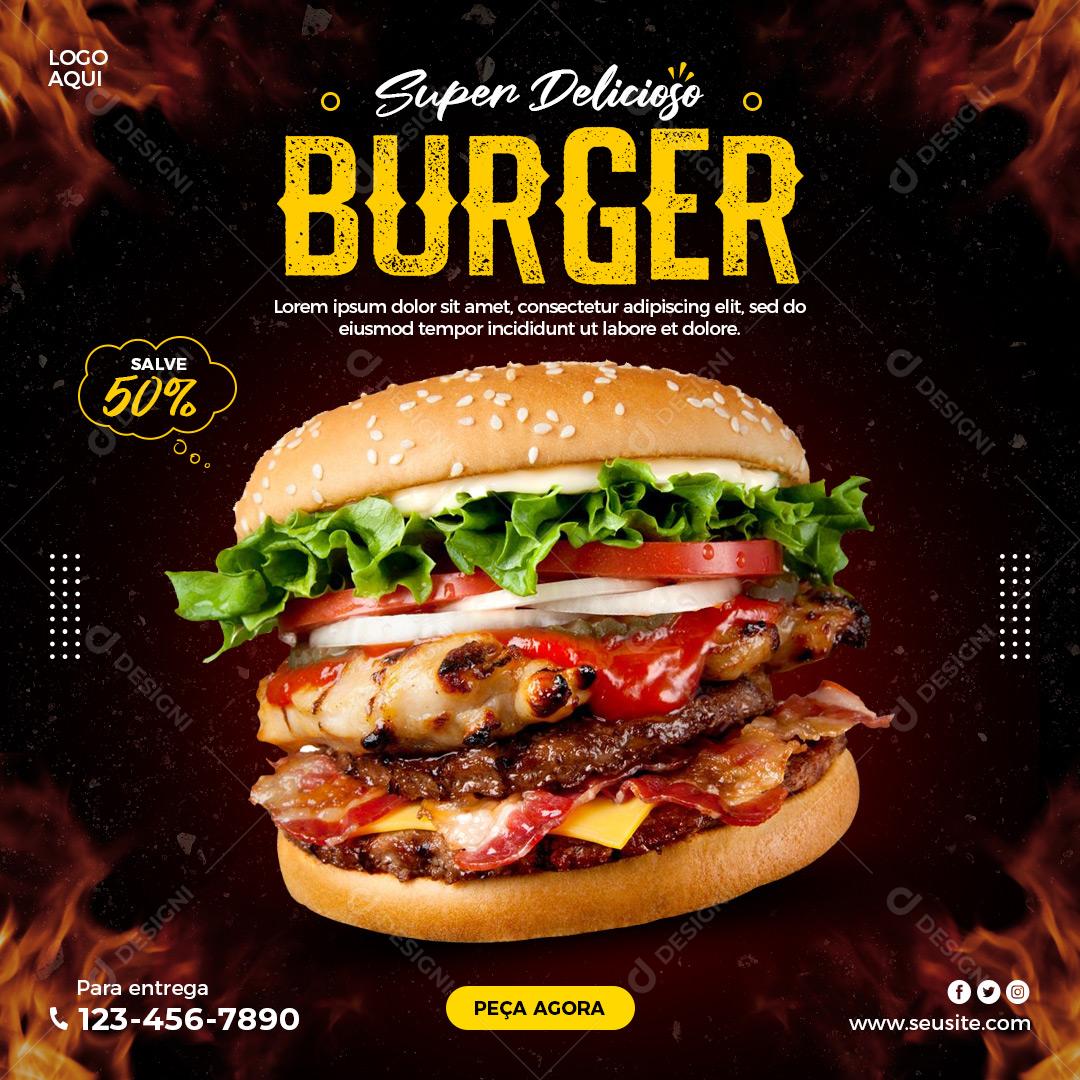 Hamburgueria Super Delicioso Burger 50% Social Media PSD Editável