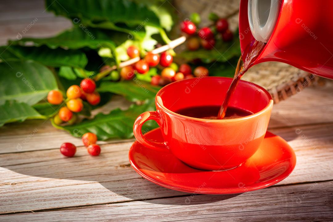 Xícara De Café Vermelha Com Folhas E Sementes De Café 2 Imagem JPG
