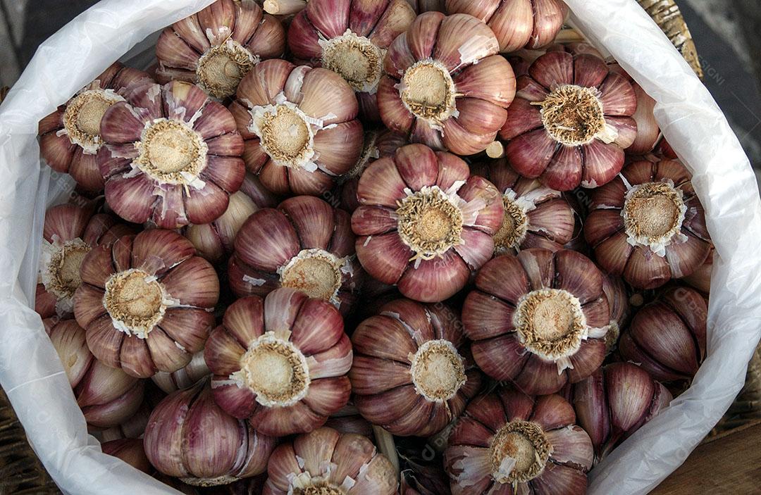 Comida Alho Venda na Feira Tempero Aromático Mercado Imagem JPG .