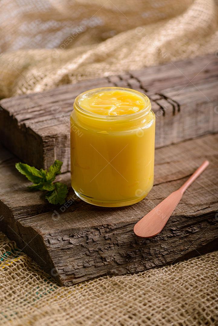 Manteiga Ghee Frasco Vidro Espátula Madeira Imagem JPG