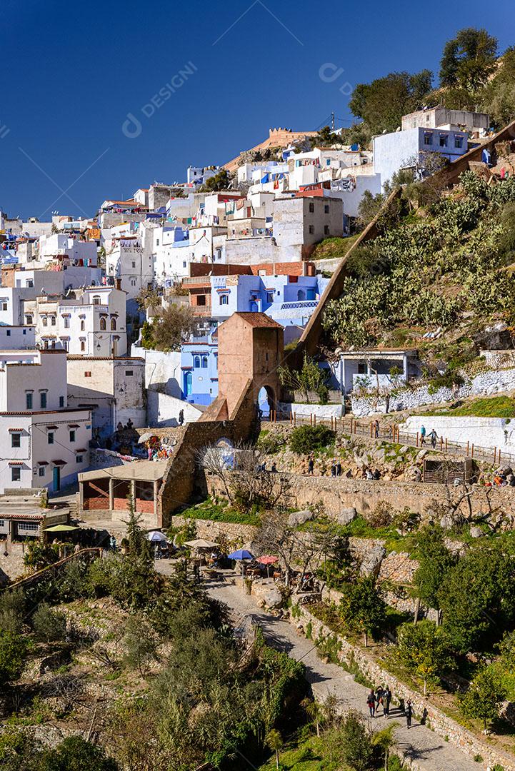 Foto Vista Parcial Cidade Azul de Marrocos Casas Montanha Imagem JPG