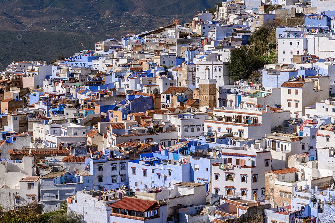 Foto Vista Parcial Cidade Azul de Marrocos Casas Montanha Imagem JPG