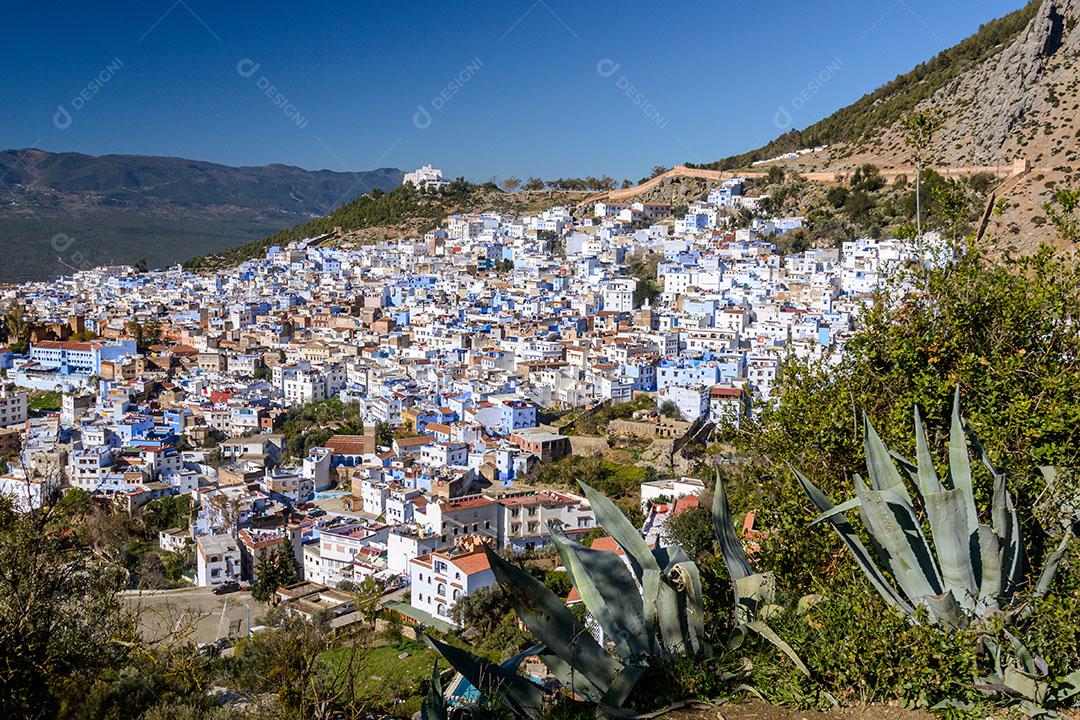 Foto Vista Parcial Cidade Azul de Marrocos Casas Montanha Imagem JPG