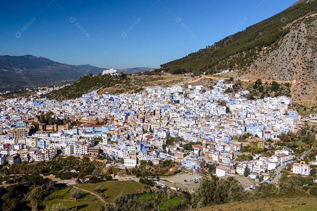 Foto Vista Parcial Cidade Azul de Marrocos Casas Montanha Imagem JPG