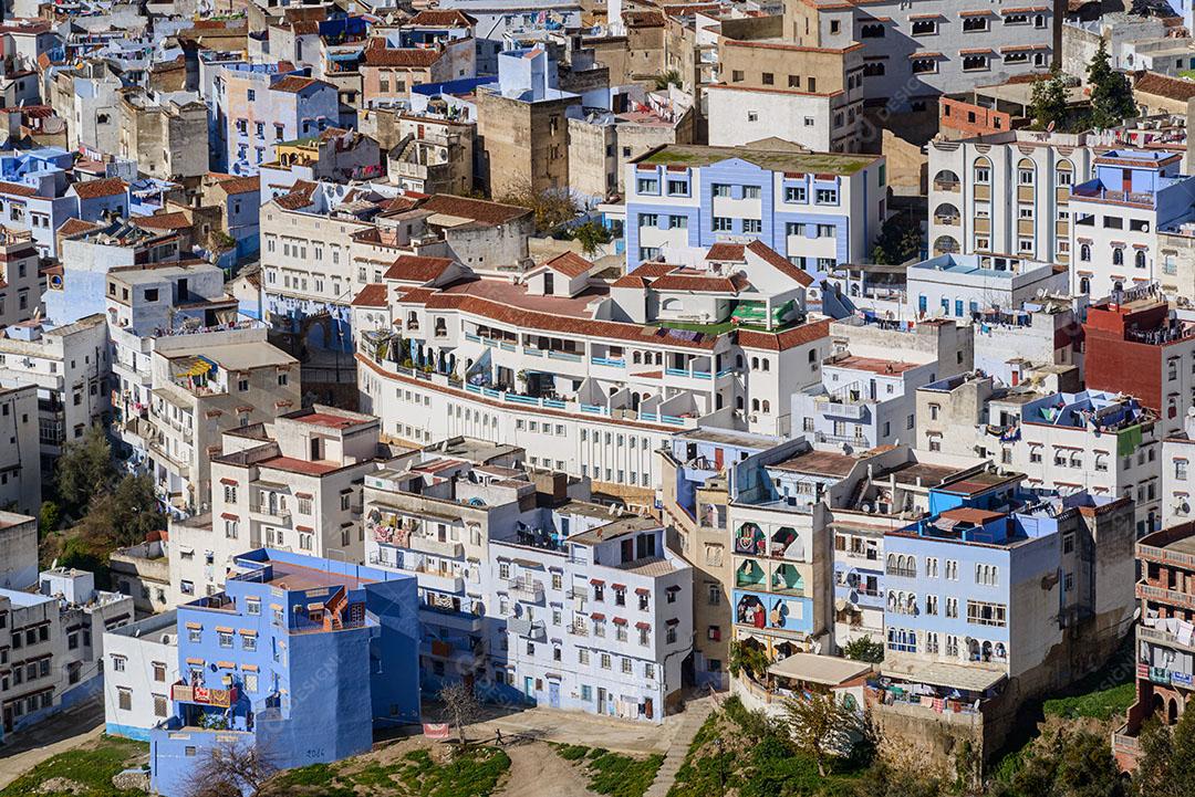 Foto Vista Parcial Cidade Azul de Marrocos Casas Montanha Imagem JPG