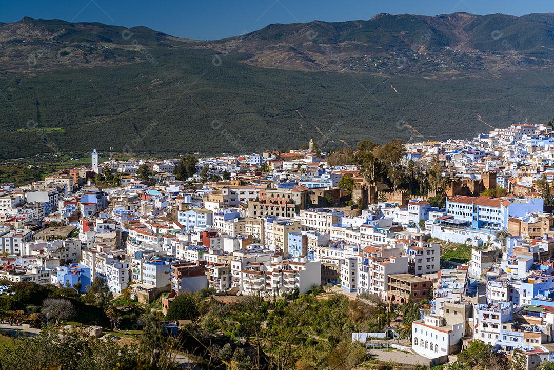 Foto Vista Parcial Cidade Azul de Marrocos Casas Montanha Imagem JPG