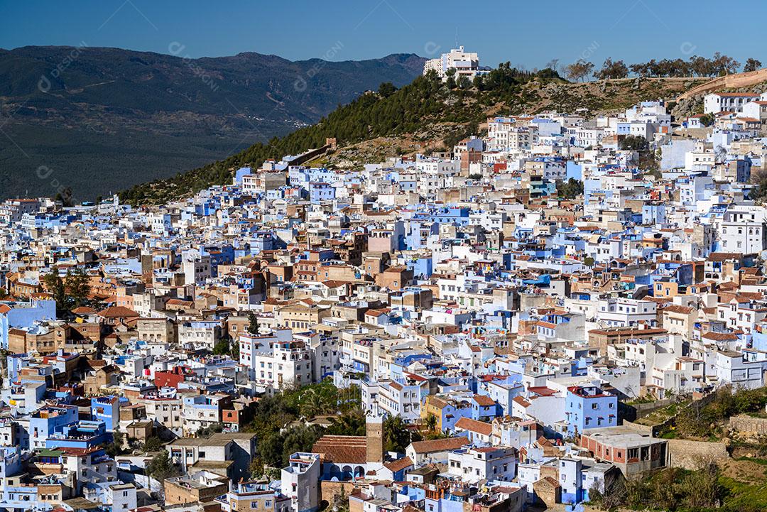 Foto Vista Parcial Cidade Azul de Marrocos Casas Montanha Imagem JPG