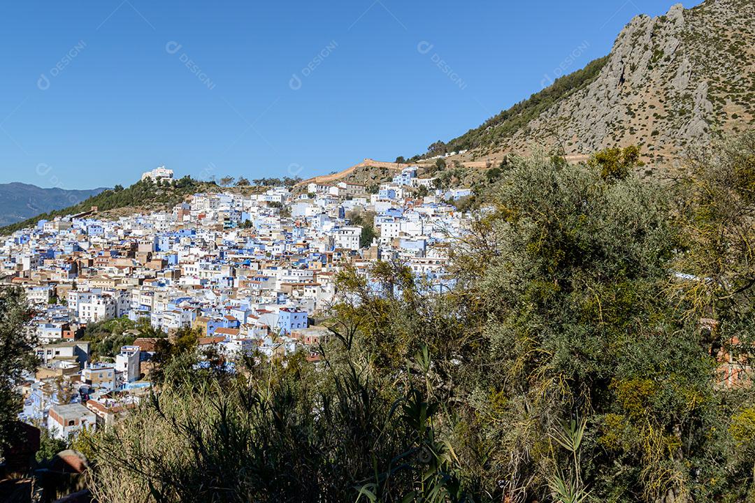 Foto Vista Parcial Cidade Azul de Marrocos Casas Montanha Imagem JPG