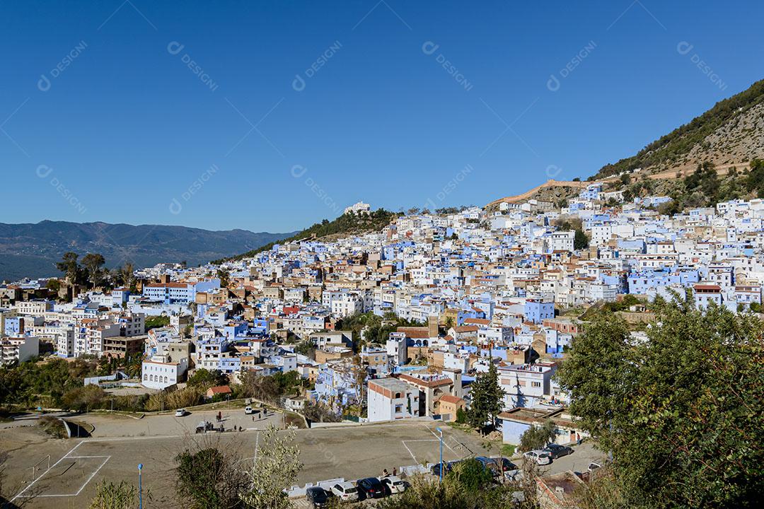 Foto Vista Parcial Cidade Azul de Marrocos Casas Montanha Imagem JPG