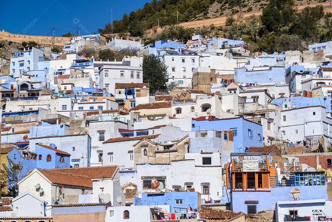 Foto Vista Parcial Cidade Azul de Marrocos Casas Montanha Imagem JPG