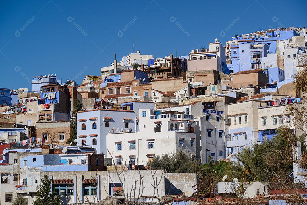 Photo Partial View Blue City of Morocco Houses Mountain Image JPG