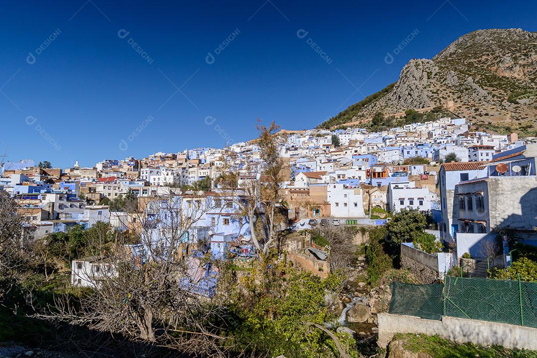 Foto Vista Parcial Cidade Azul de Marrocos Casas Montanha Imagem JPG