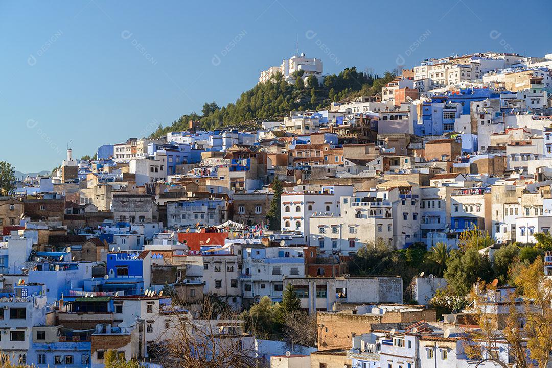 Foto Vista Parcial Cidade Azul de Marrocos Casas Montanha Imagem JPG