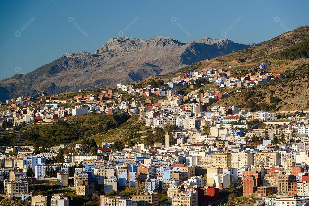Foto Vista Parcial Cidade Azul de Marrocos Casas Montanha Imagem JPG