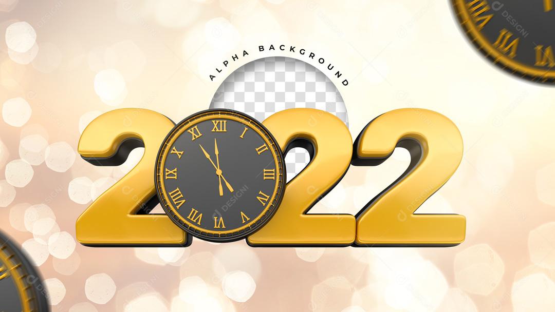 3D element 2022 with black clock for composition PSD