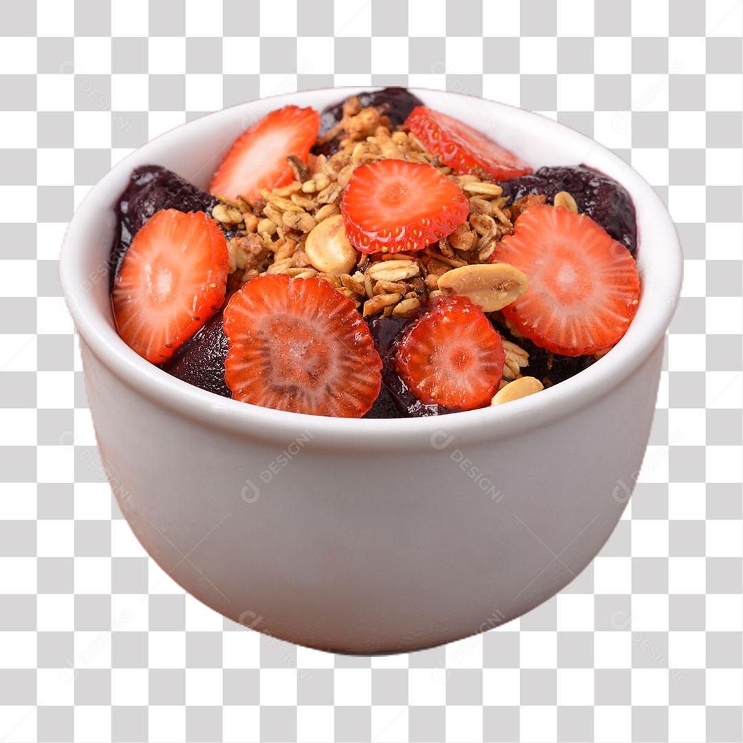Açaí com Morango e Granola Em Tigela Branca PNG Transparente