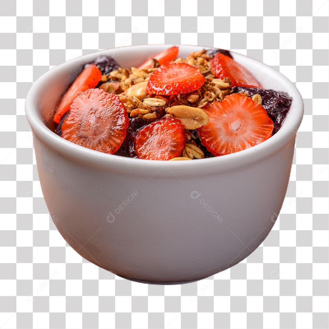 Açaí com Morango e Granola Em Tigela Branca PNG Transparente