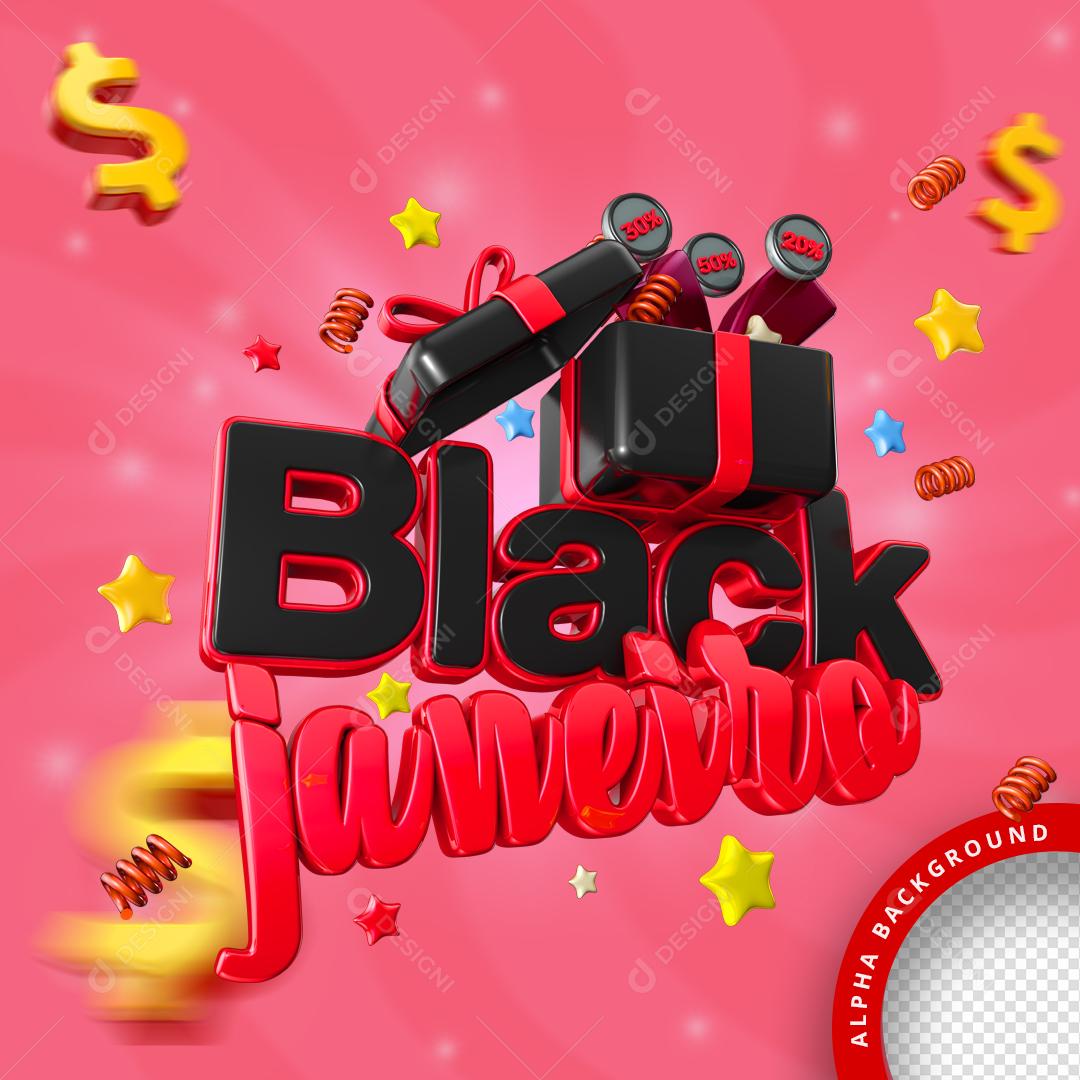 Selo 3D Para Composição Janeiro Black PNG Transparente Sem Fundo