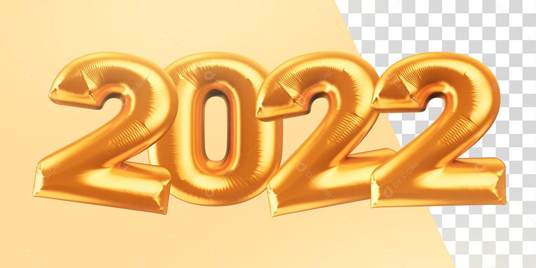 Balão Texto 3D 2022 Dourdo PSD + PNG Transparente